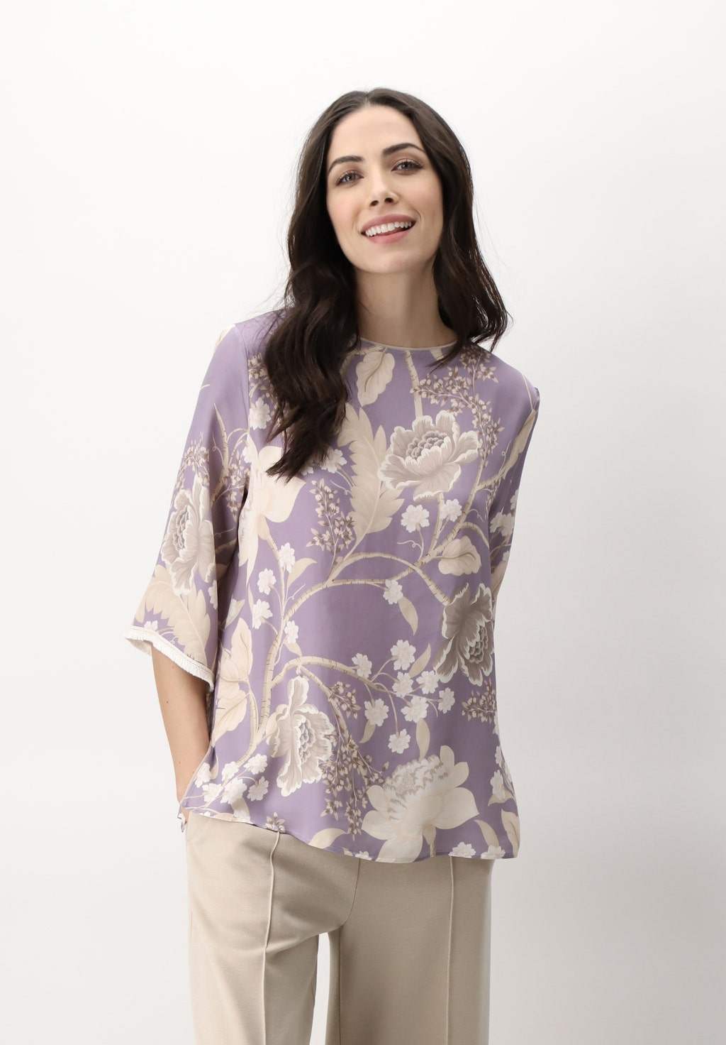 Hemdbluse runder Halsausschnitt aus bedruckter Viskose Flowers